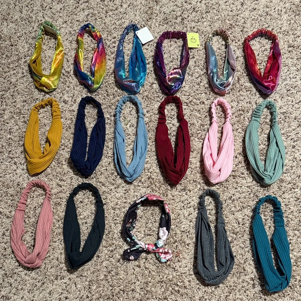 Bundle of 17 girls headbands 6 metallics 10 neutrals and 1 with tie on top